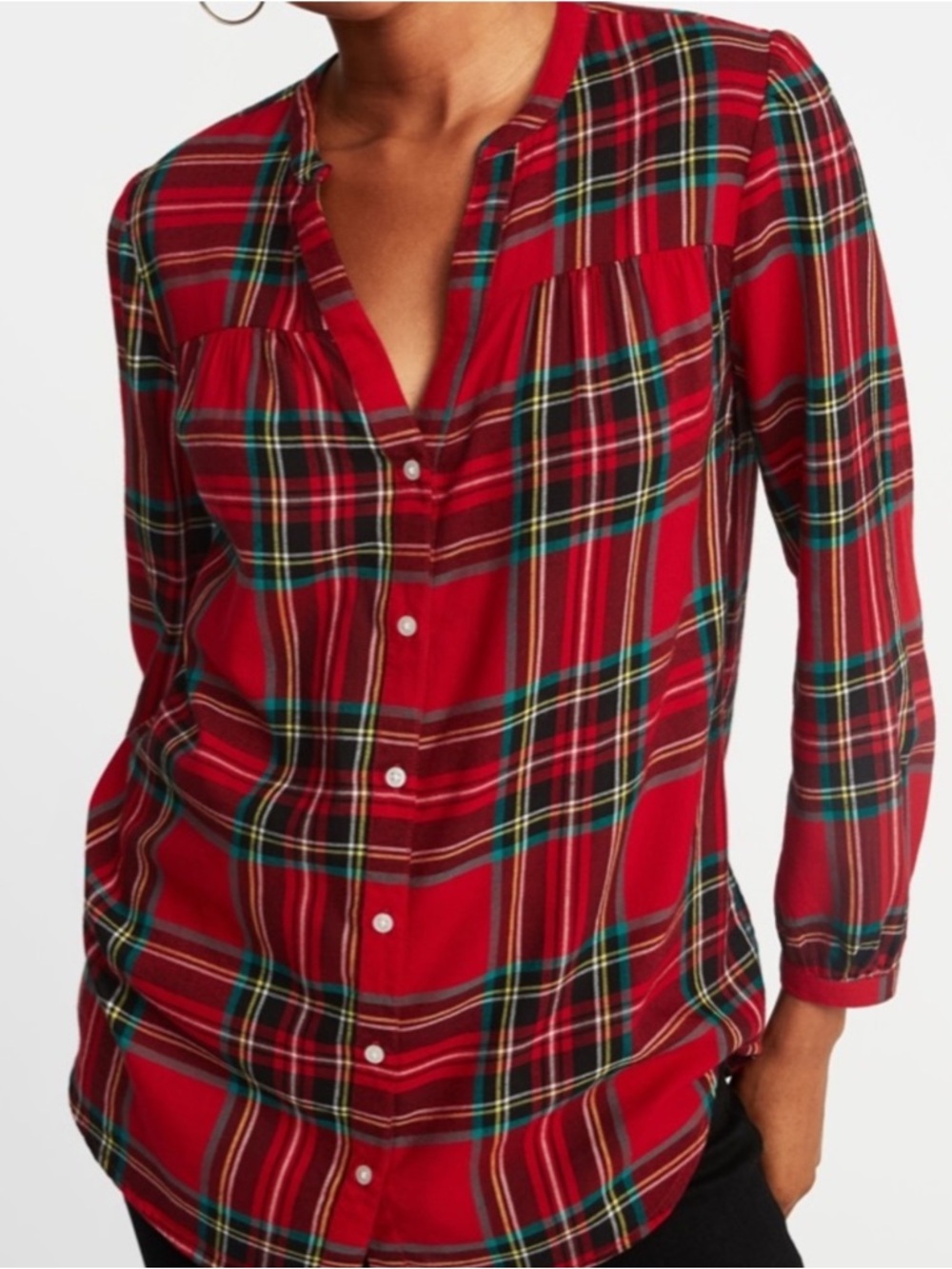 Old Navy Women XXL Red Plaid Flannel Long Sleeve V-Neck Button Front Tunic Shirt